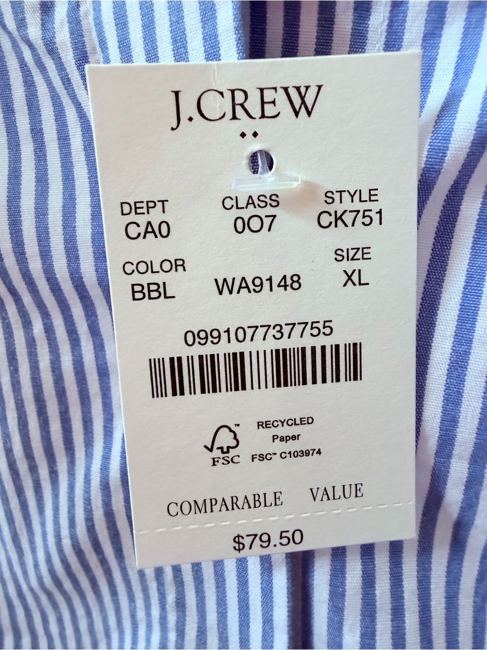 J.Crew Factory Blue White Stripe Puff Sleeve Tie Front Blouse XL Cotton NWT - Picture 3 of 4